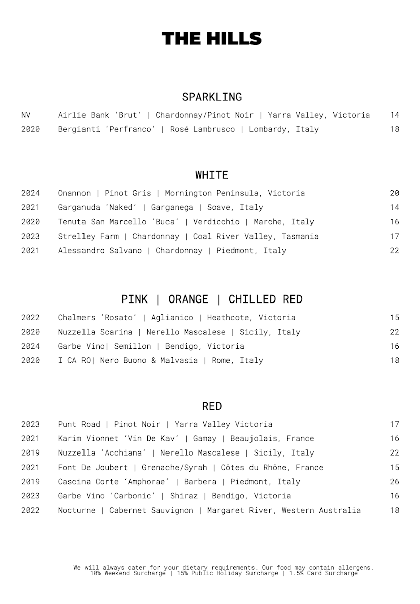 Menu, The Hills Wine Bar