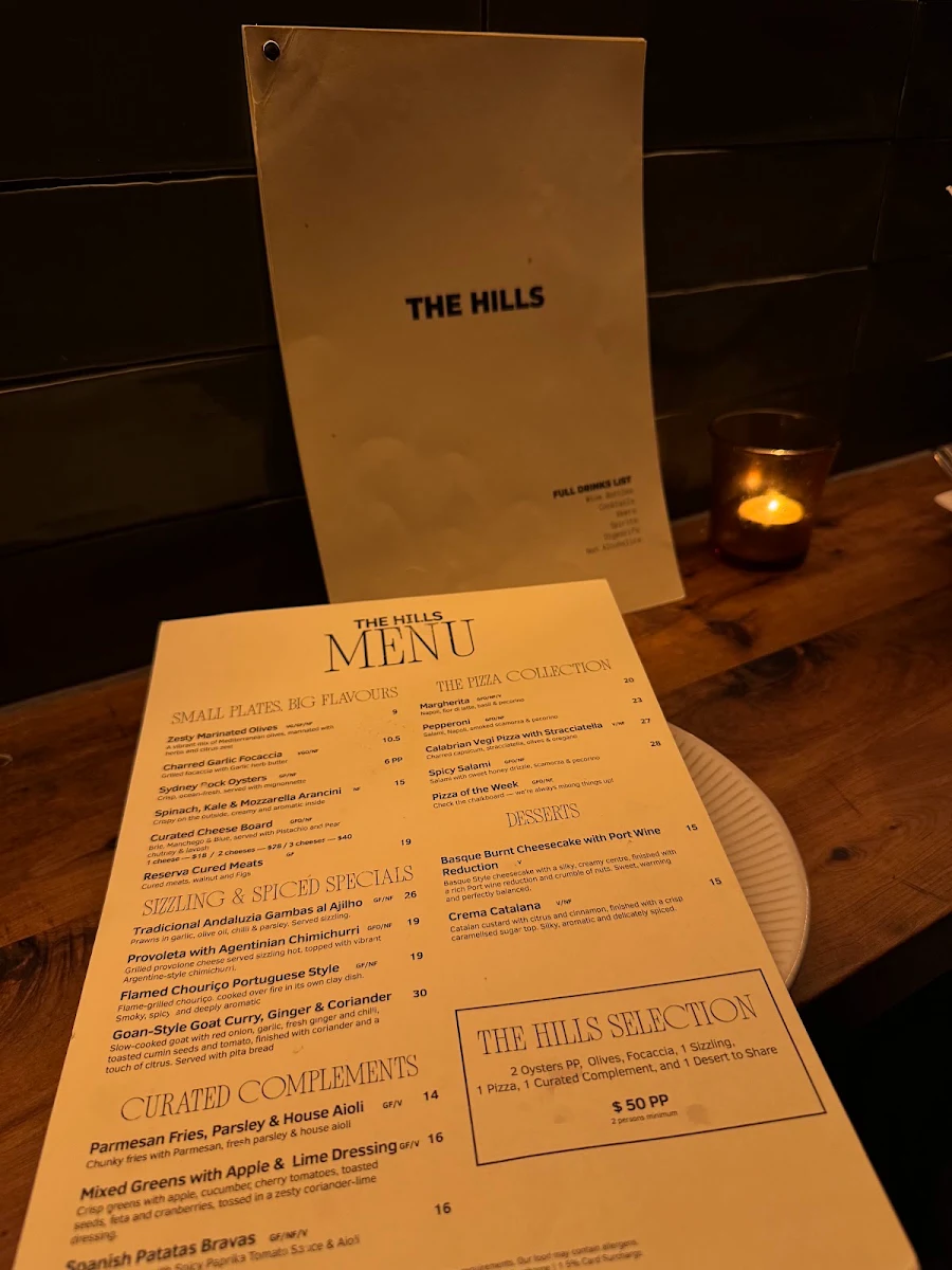 Menu, The Hills Wine Bar