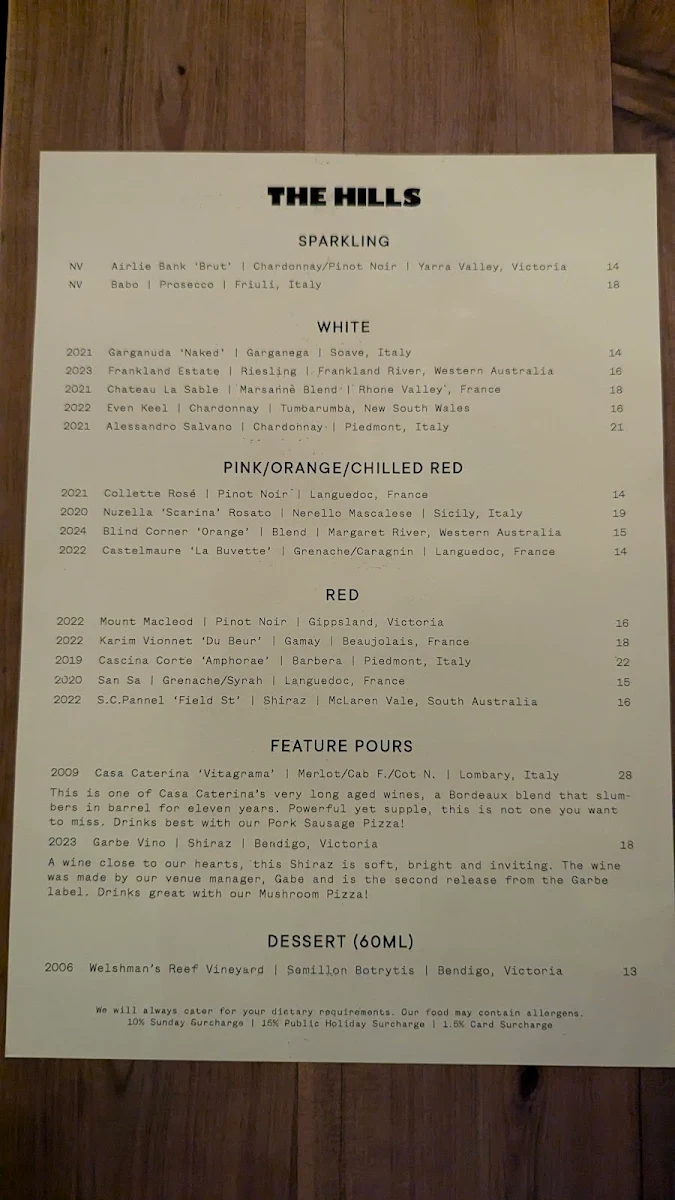 Menu, The Hills Wine Bar