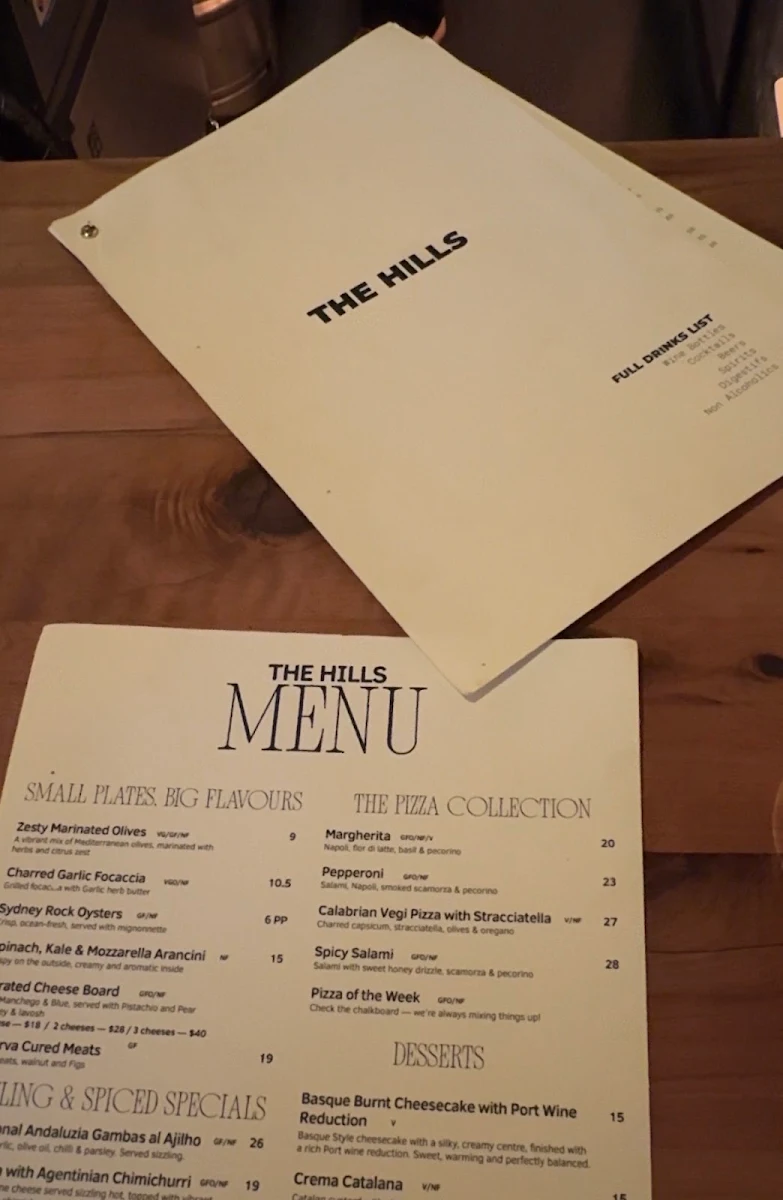 Menu, The Hills Wine Bar