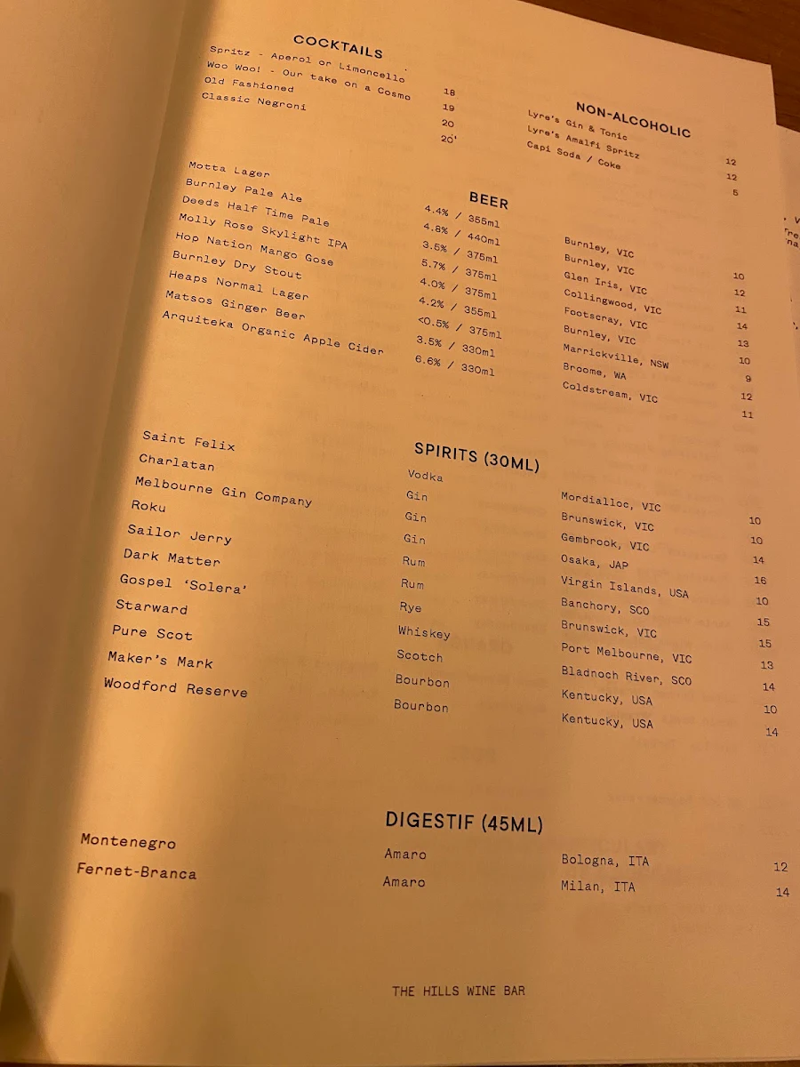Menu, The Hills Wine Bar