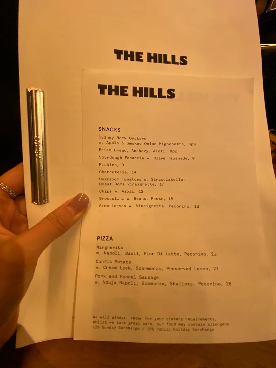 Menu, The Hills Wine Bar