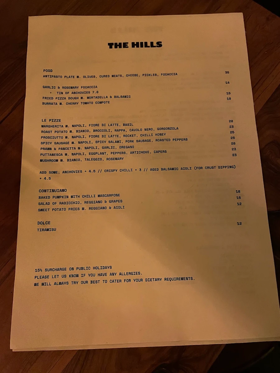Menu, The Hills Wine Bar