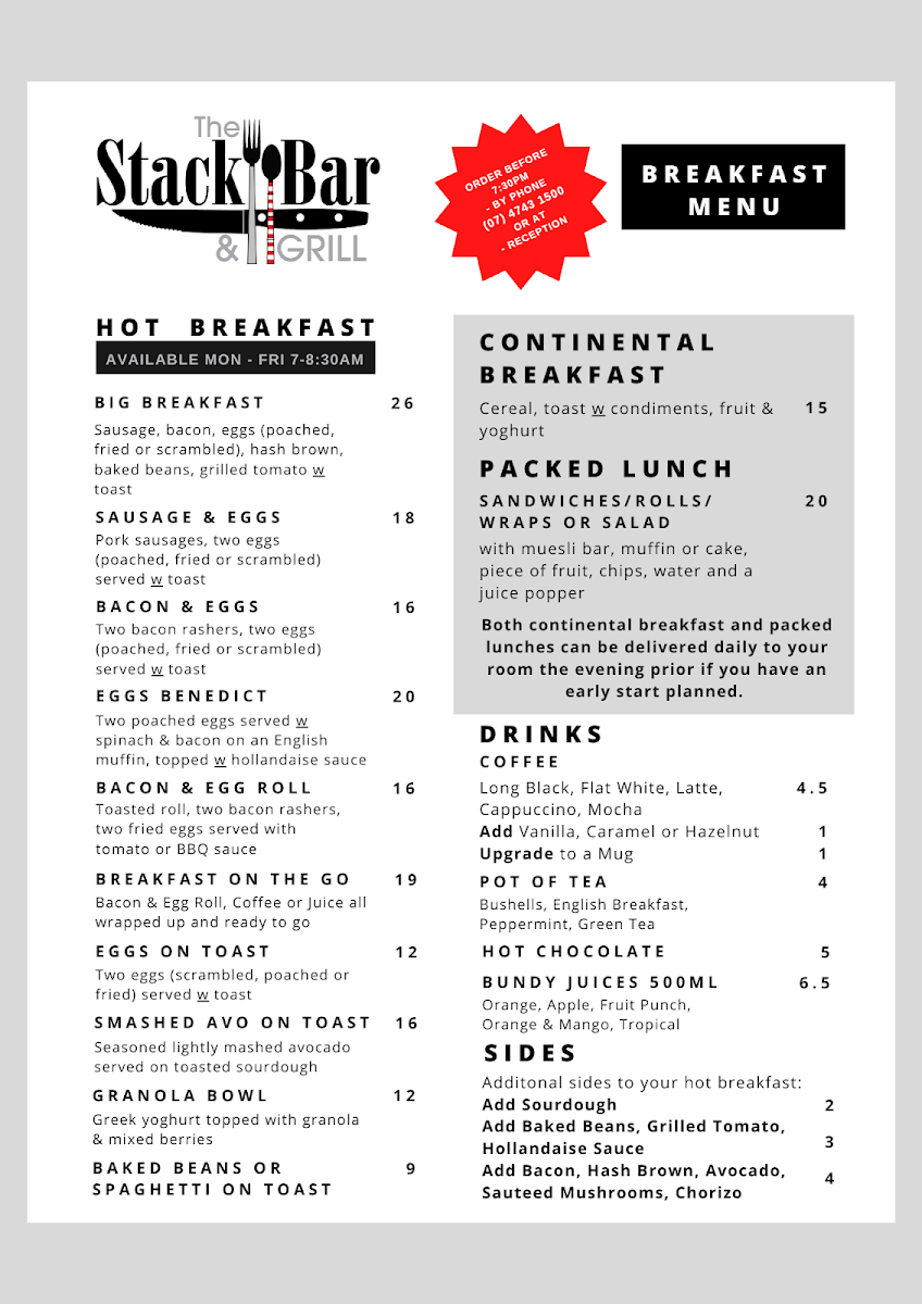 Menu, The Stack Bar and Grill