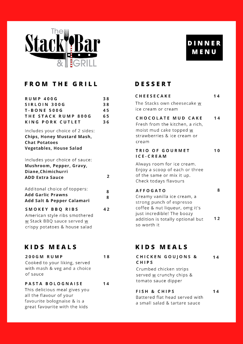 Menu, The Stack Bar and Grill