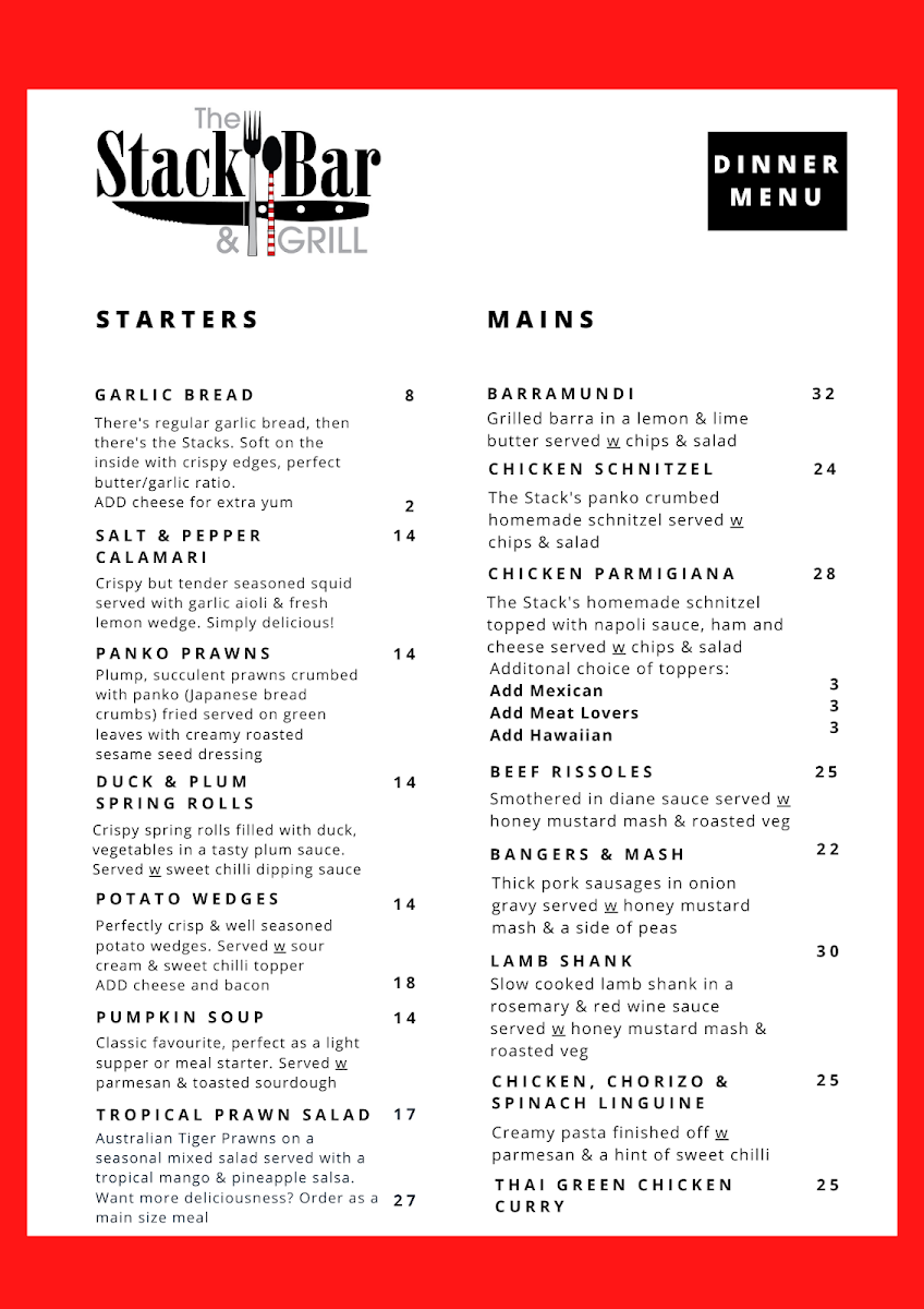Menu, The Stack Bar and Grill