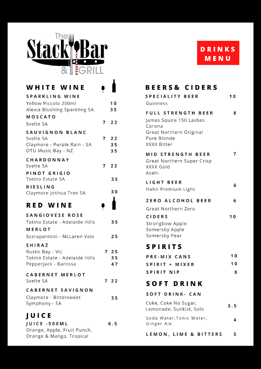 Menu, The Stack Bar and Grill