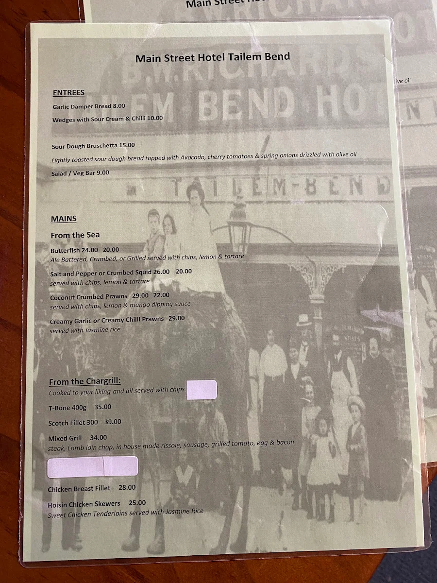 Menu, Tailem Bend Hotel - Liquor Legends