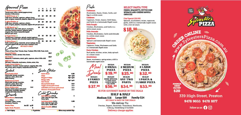 Menu, Sylvester's Pizza