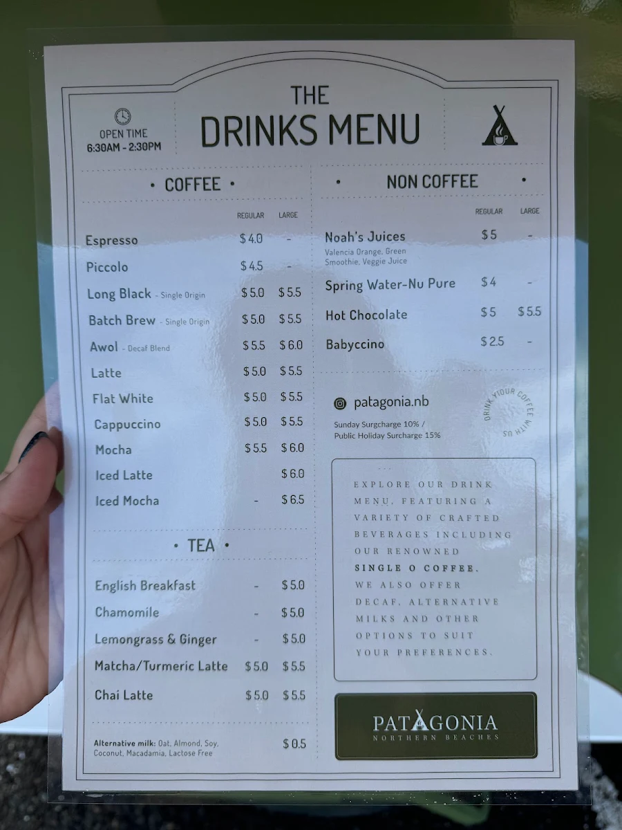 Menu, Patagonia Cafe
