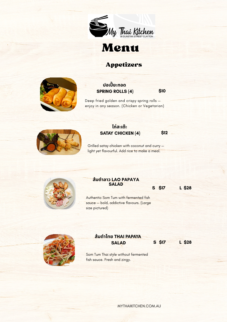 Menu, My Thai Kitchen