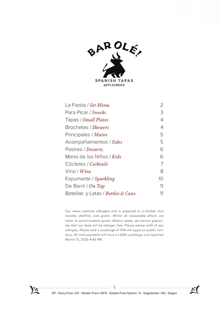 Menu, Bar Olé Applecross