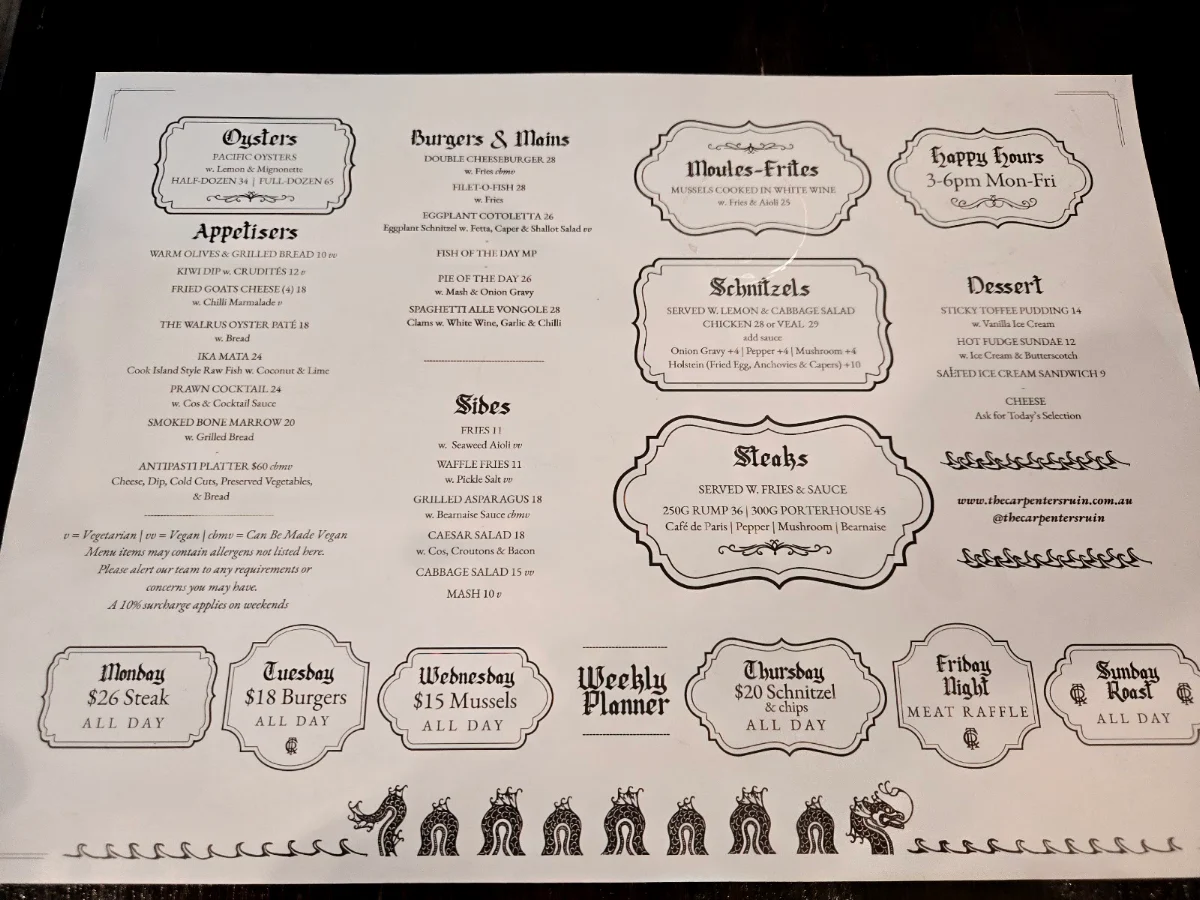 Menu, The Carpenter's Ruin