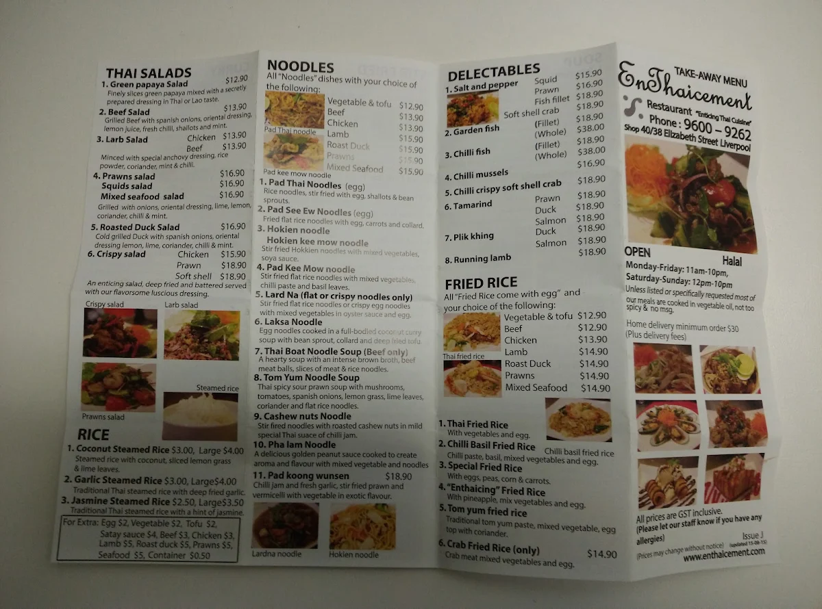 Menu, Enthaicement Thai Restaurant