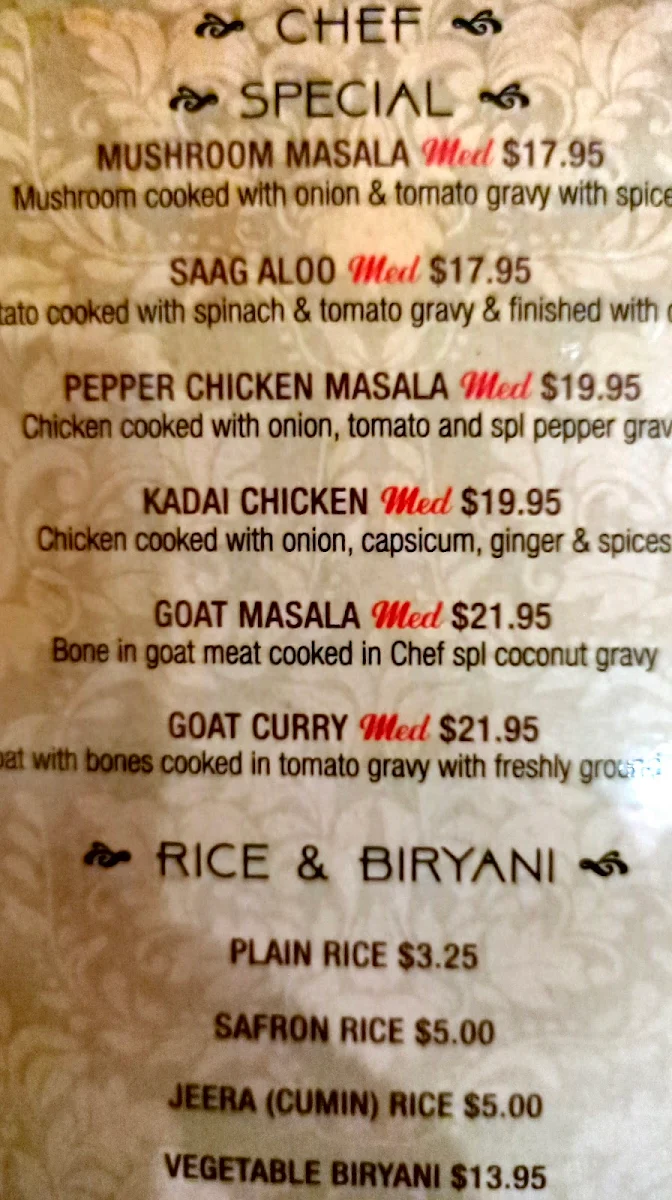 Menu, Mr Curry Indian restaurant Goulburn