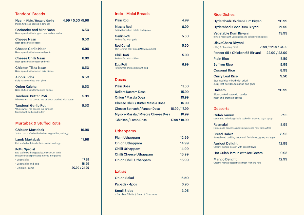 Menu, Chilli India Melbourne Central