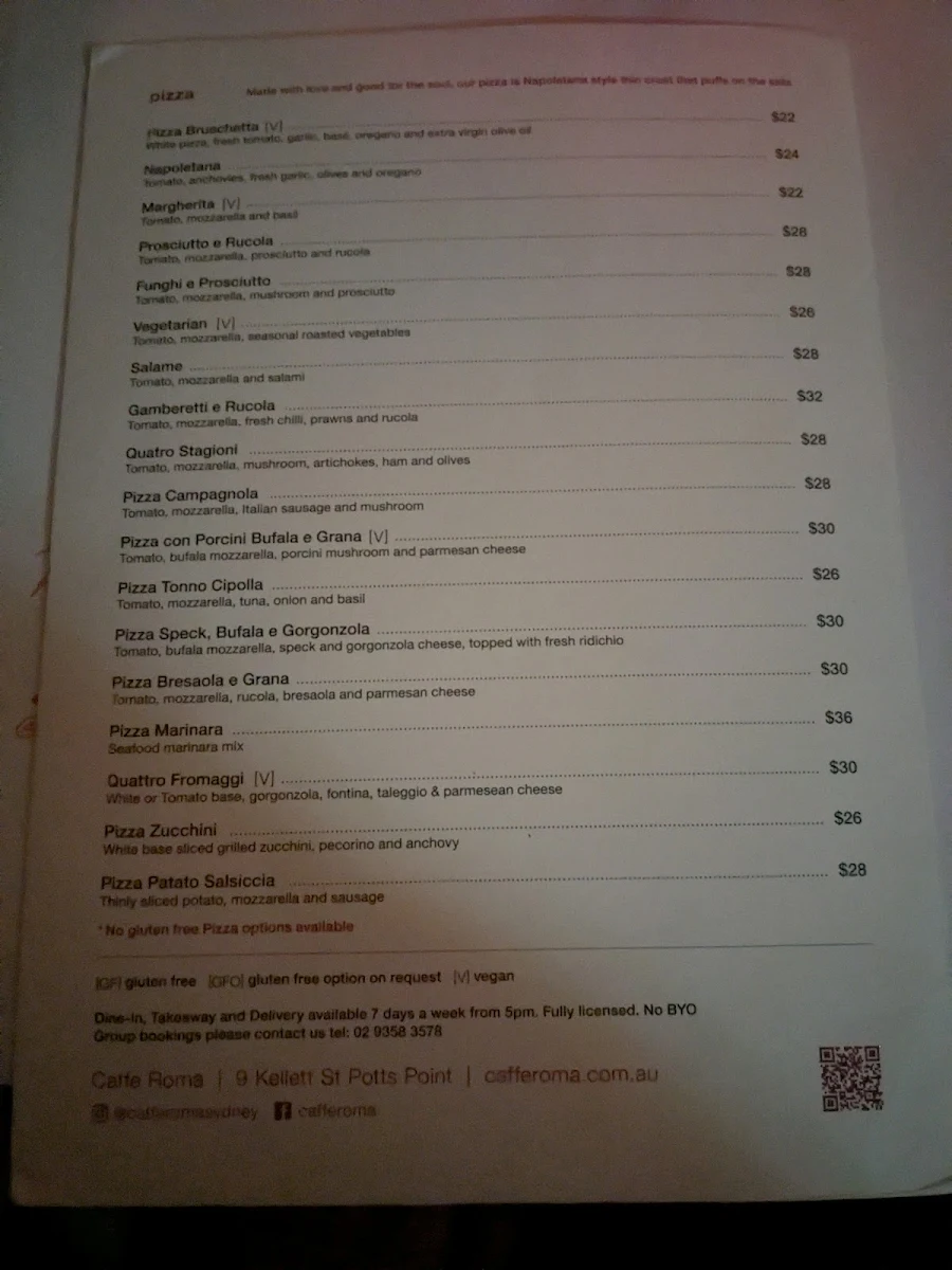 Menu, Caffè Roma