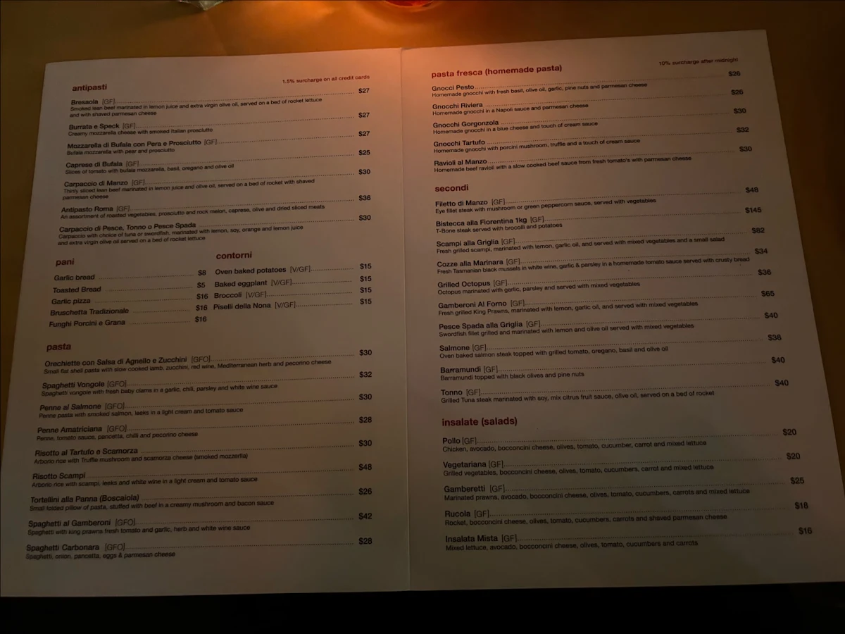Menu, Caffè Roma