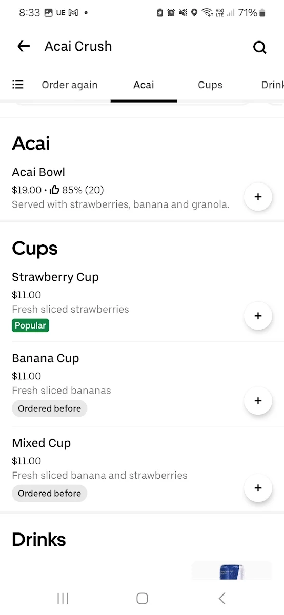 Menu, Acai Crush