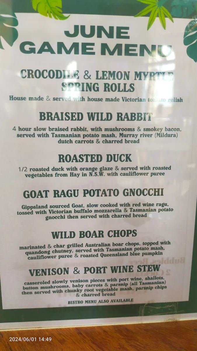 Menu, The Greensborough Hotel