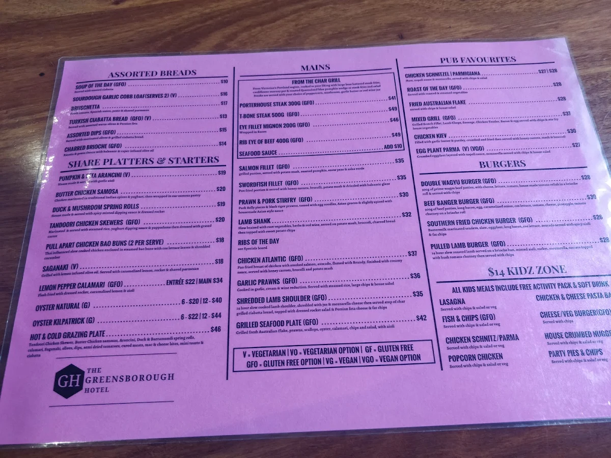 Menu, The Greensborough Hotel