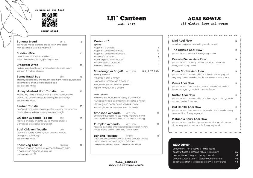 Menu, Lil Canteen Cotton Tree