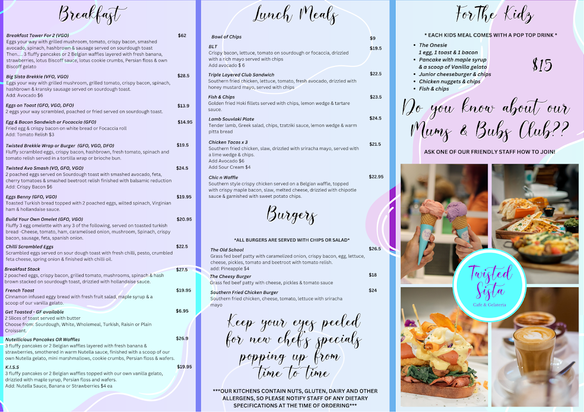 Menu, Twisted Sista Cafe & Gelateria Pakenham Market Place