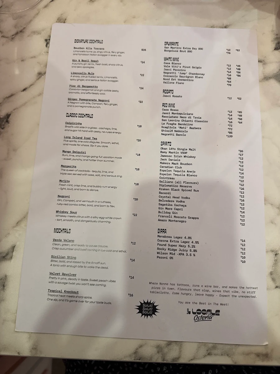 Menu, Il Locale Pizzeria Stirling