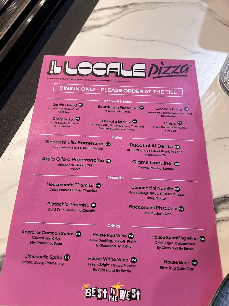 Menu, Il Locale Pizzeria Stirling