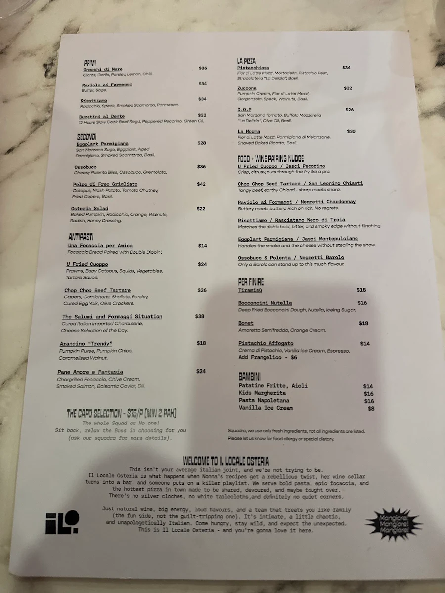 Menu, Il Locale Pizzeria Stirling