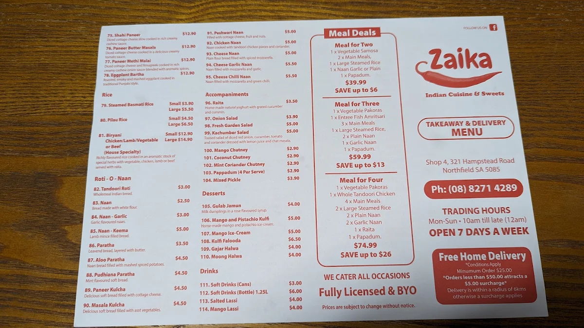 Menu, Zaika Indian Cuisine And Sweets