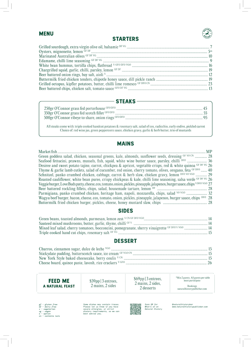 Menu, Natural History Bar & Grill