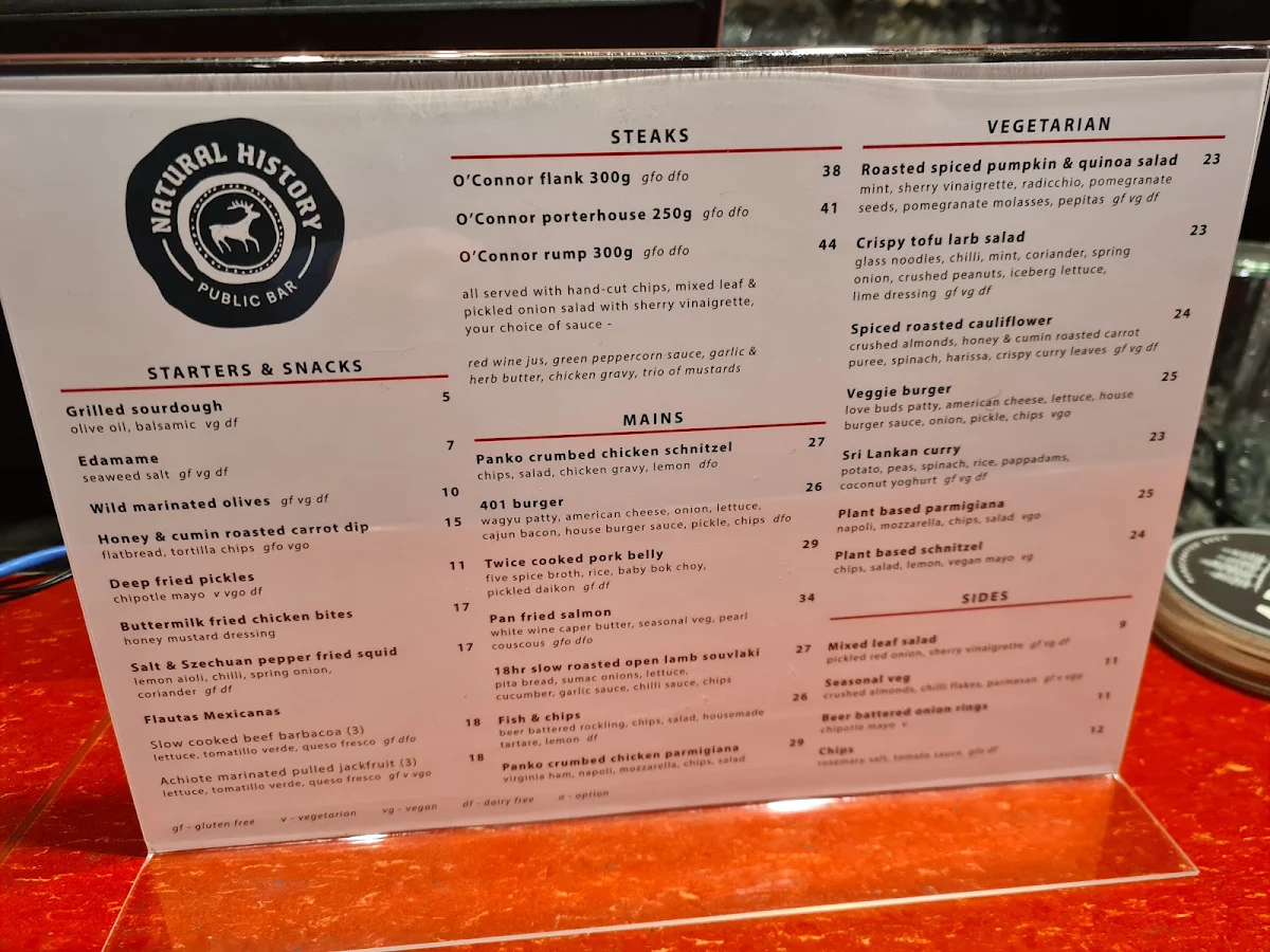 Menu, Natural History Bar & Grill