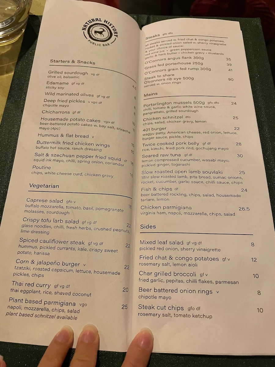 Menu, Natural History Bar & Grill