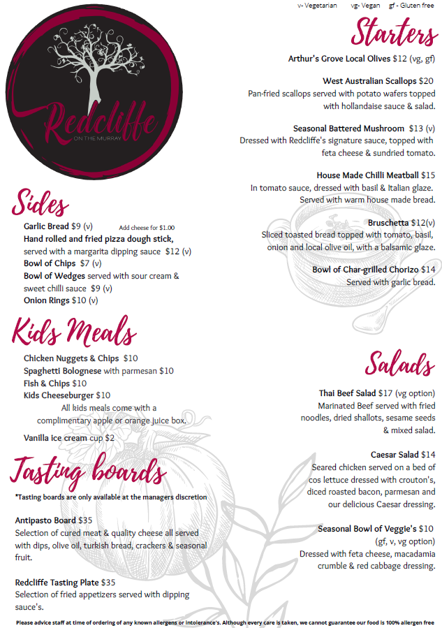 Menu, Redcliffe on The Murray