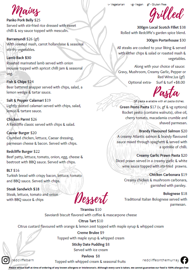 Menu, Redcliffe on The Murray