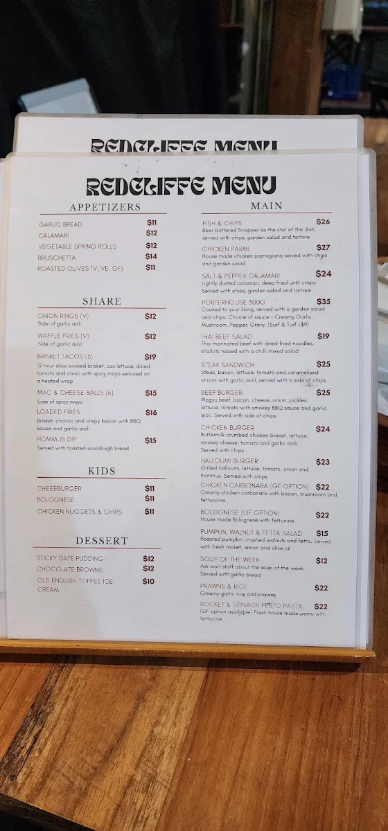 Menu, Redcliffe on The Murray