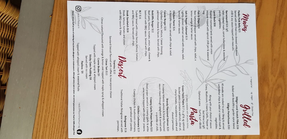 Menu, Redcliffe on The Murray