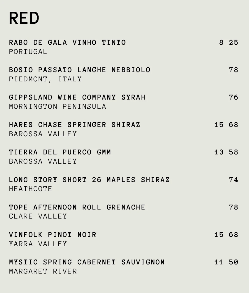 Menu, The Dizzy Rooster
