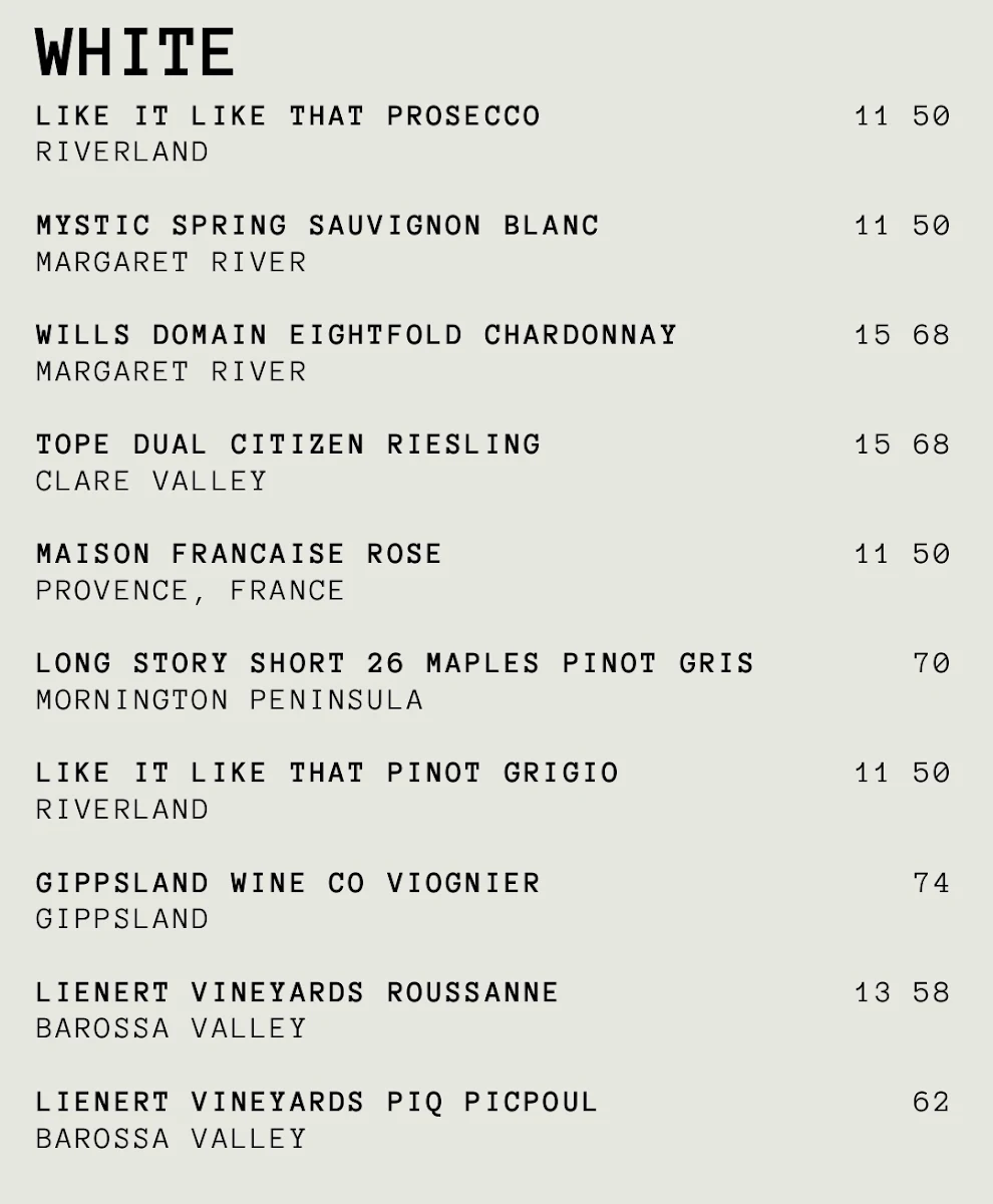 Menu, The Dizzy Rooster