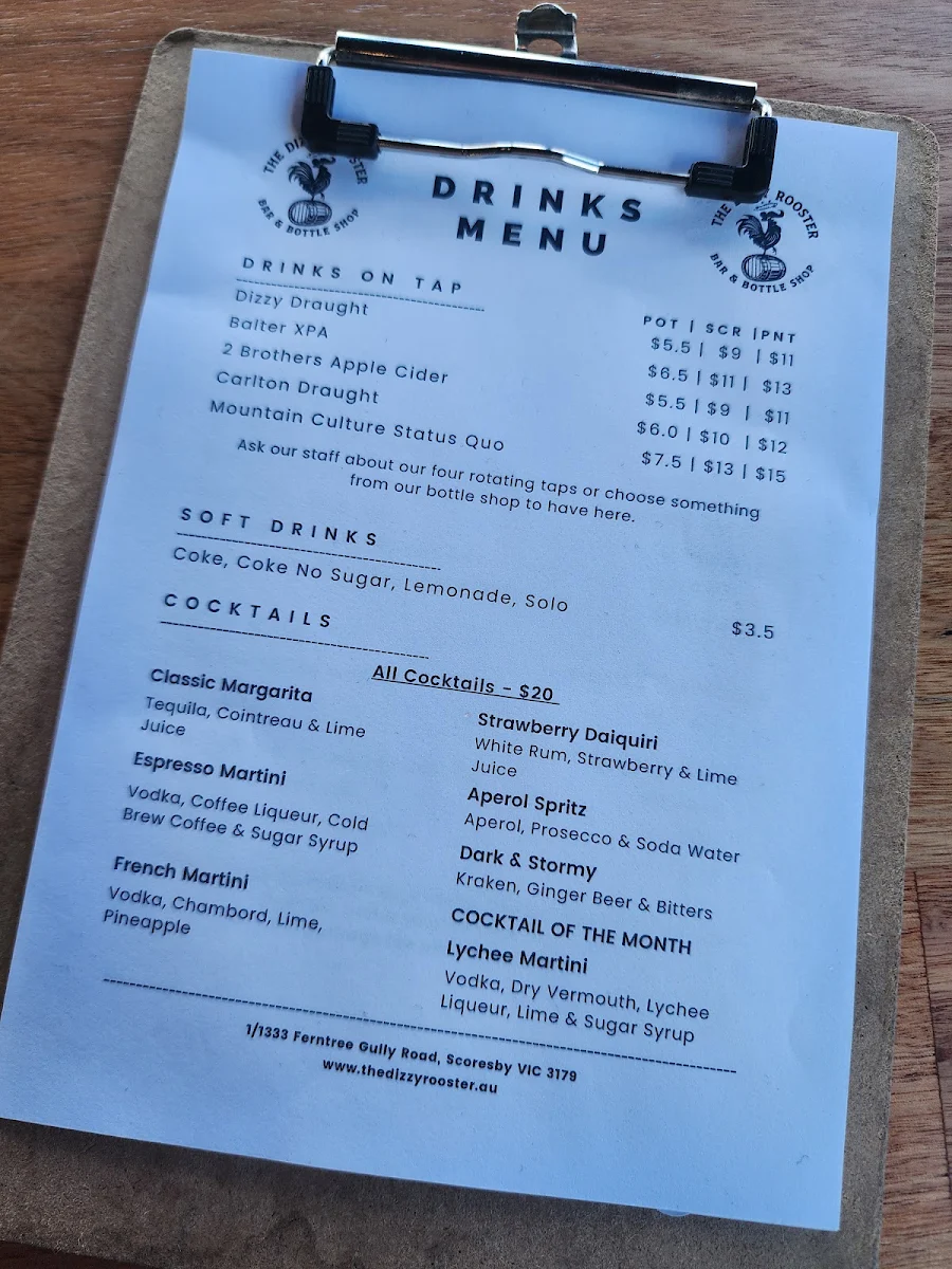 Menu, The Dizzy Rooster