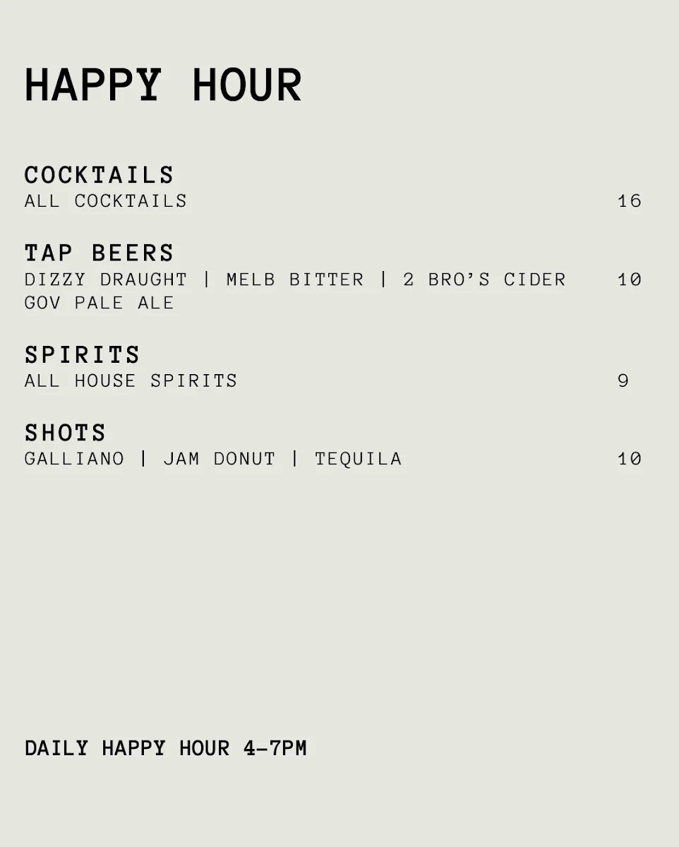 Menu, The Dizzy Rooster