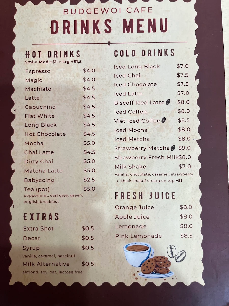 Menu, Budgewoi Cafe