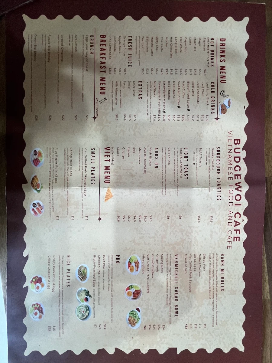 Menu, Budgewoi Cafe