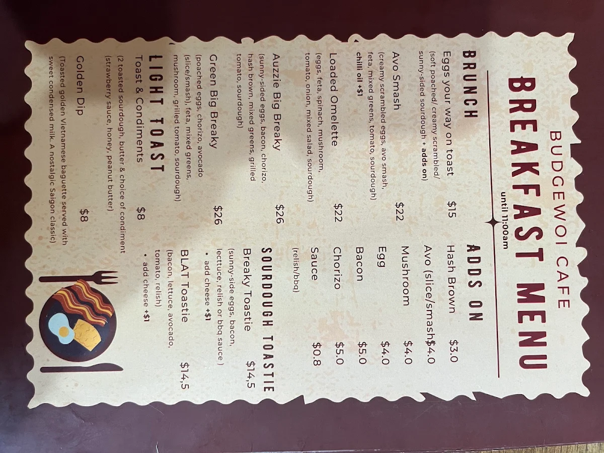 Menu, Budgewoi Cafe
