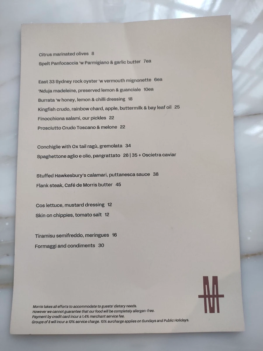 Menu, Bar Morris