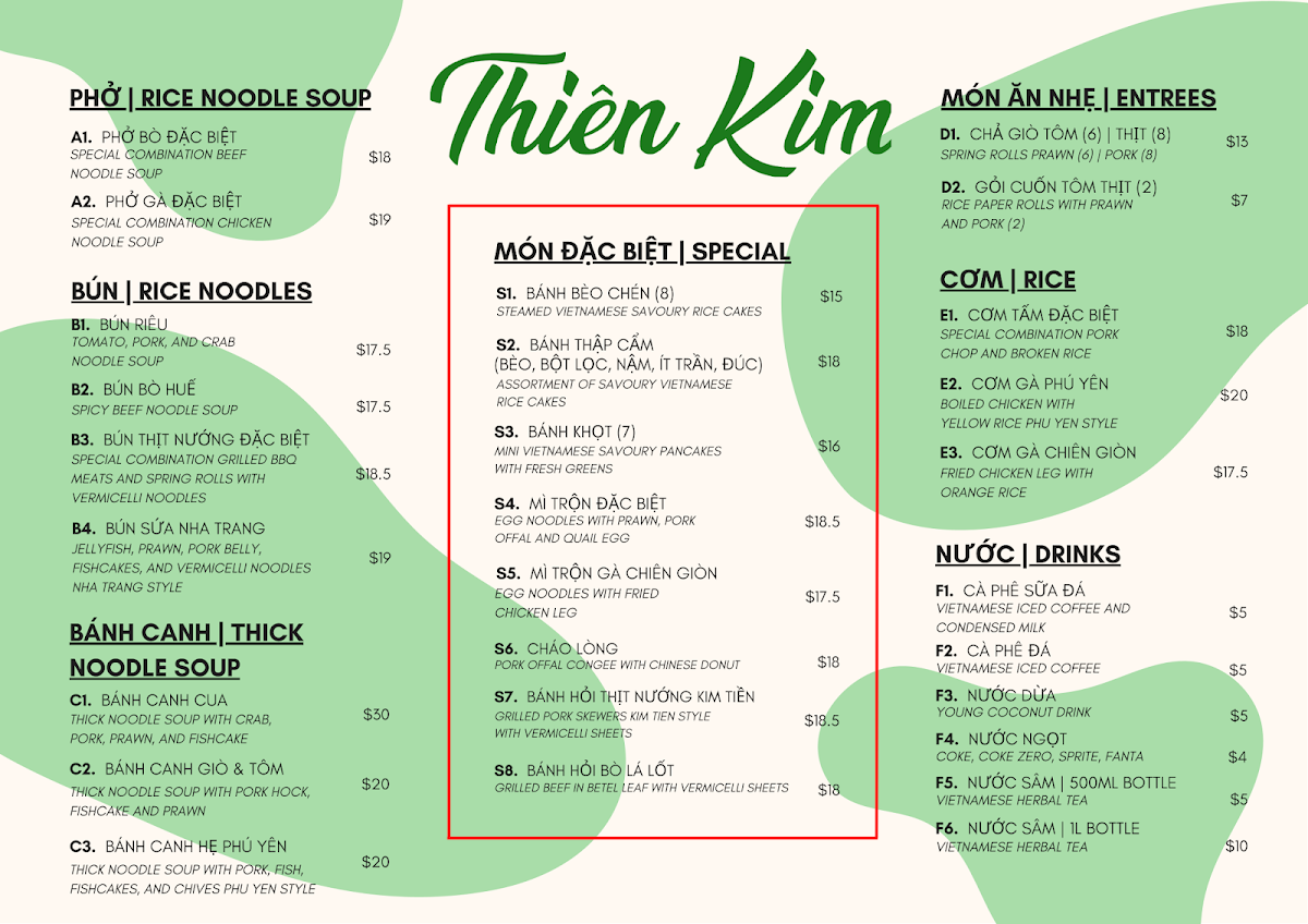 Menu, Thien Kim