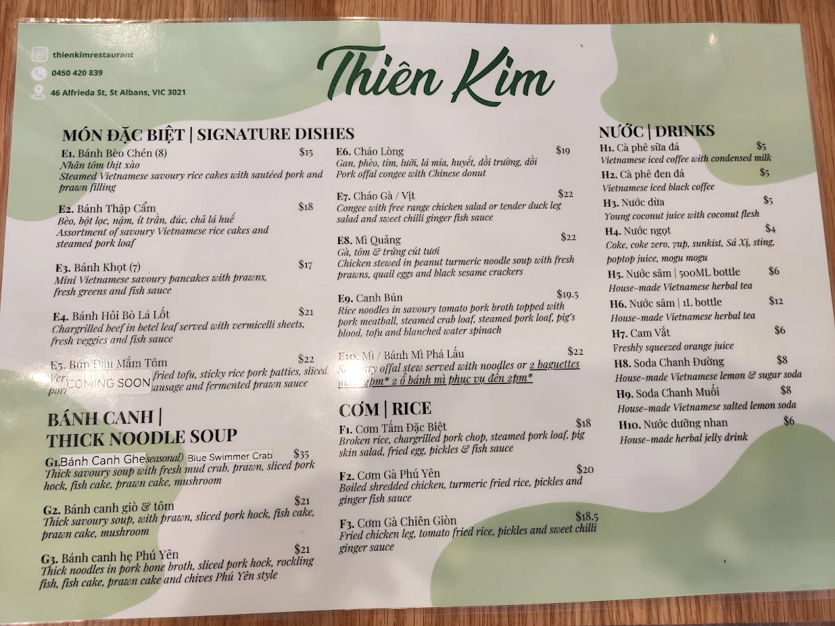 Menu, Thien Kim