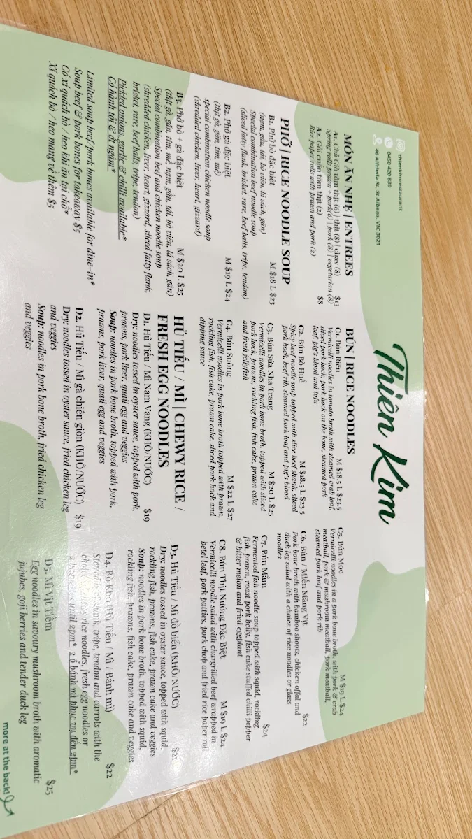 Menu, Thien Kim