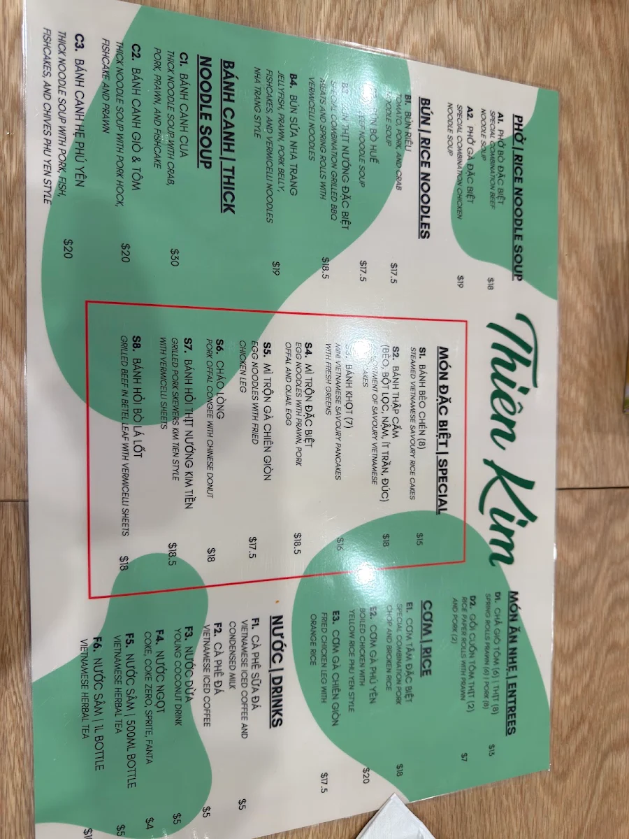 Menu, Thien Kim